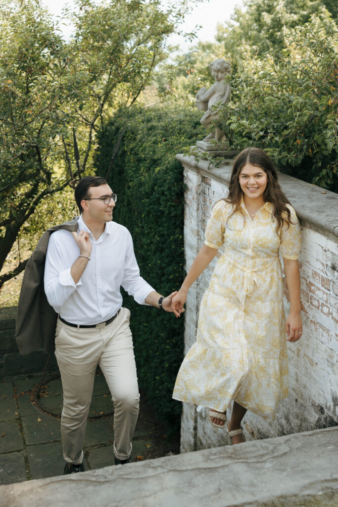 Bride-to-be smiling during a summer engagement session at Villa Terrace