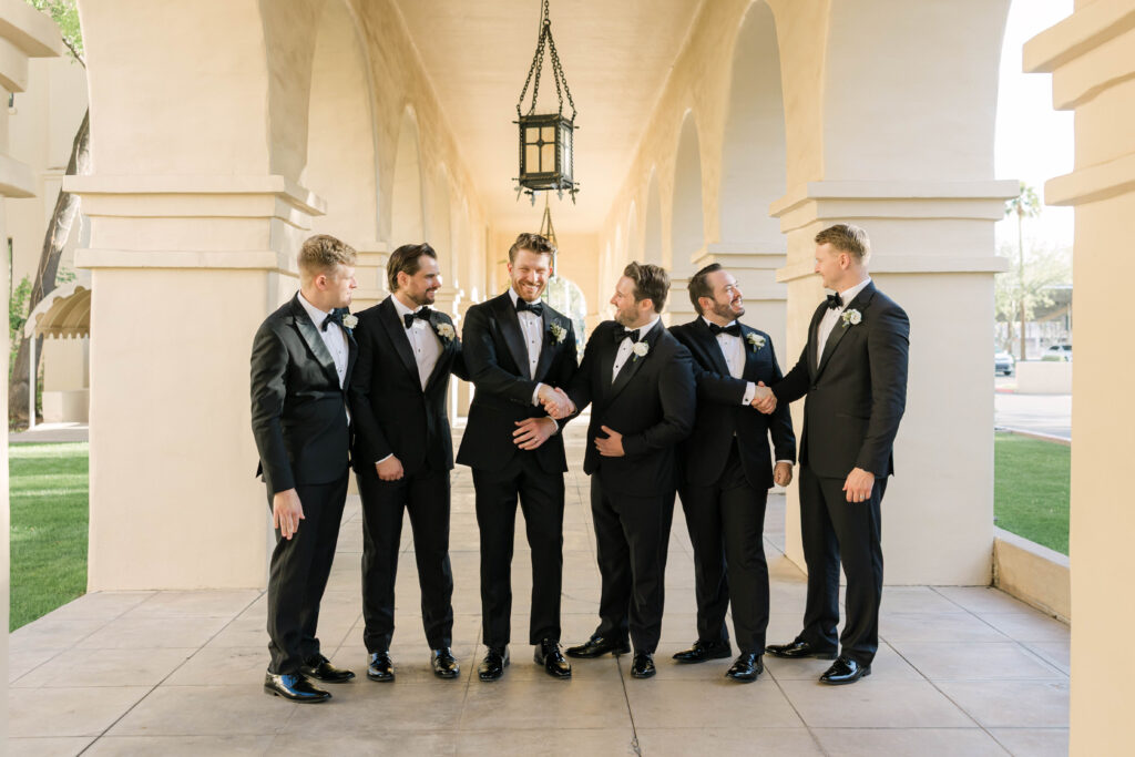 Classy groom and groomsmen portrait from a Phoenix wedding at Brophy Chapel in Phoenix, Arizona.