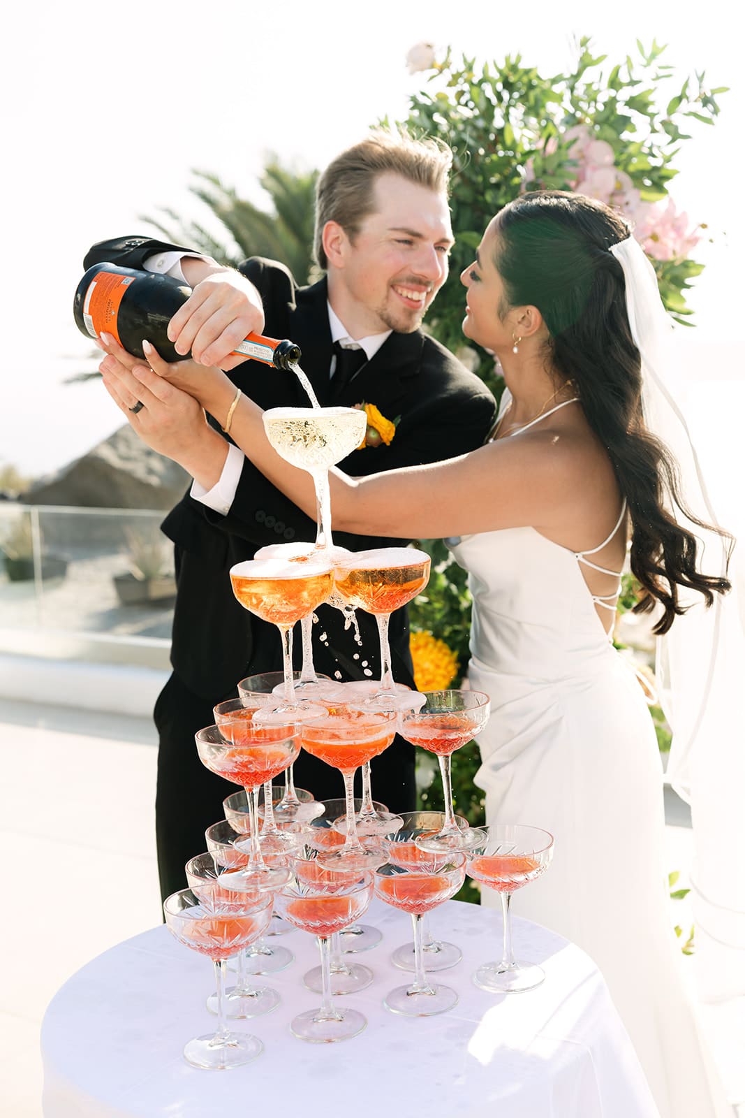 aperol spritz tower during Santorini wedding cocktail hour
