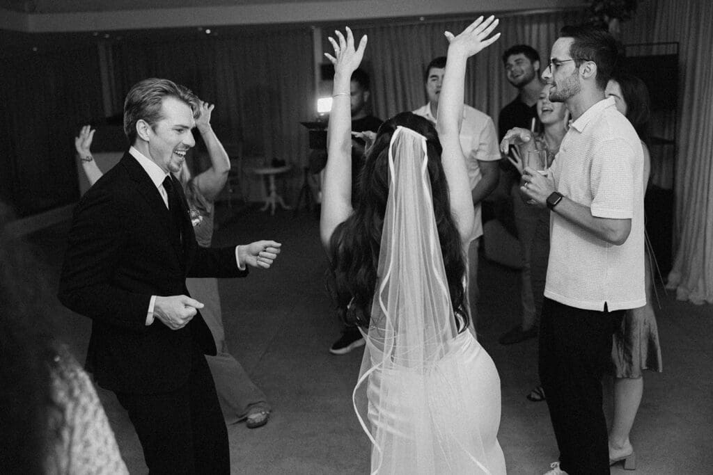 Santorini wedding reception dance floor with guests 