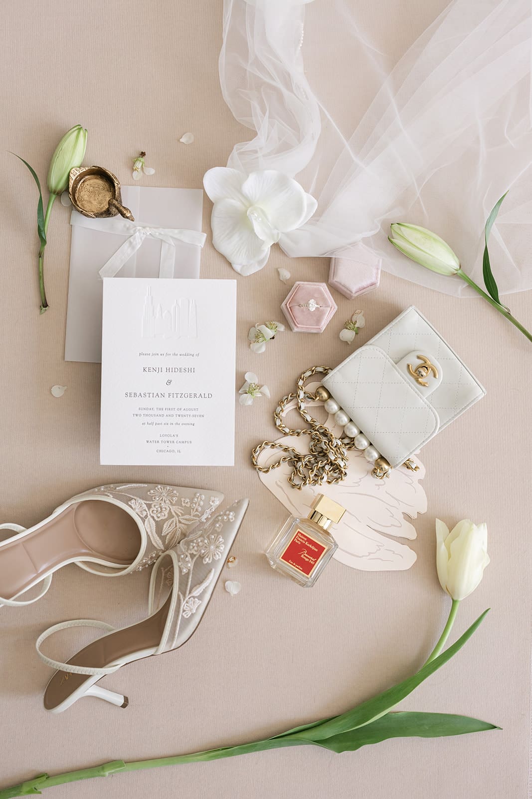 bridal detail flatlay Chicago wedding editorial designer accessories