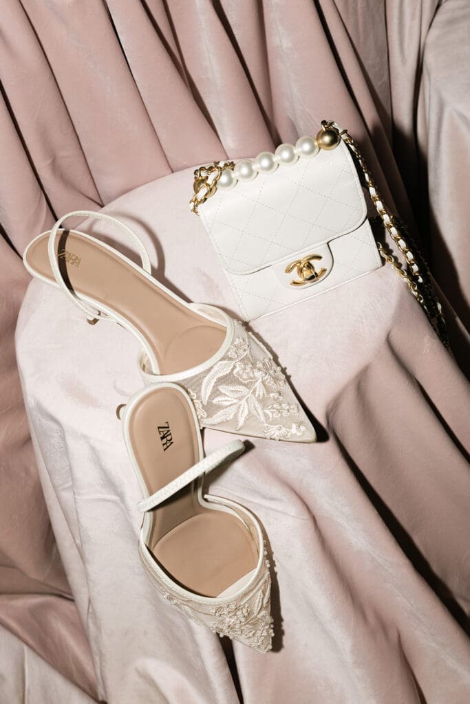 Chanel bag and shoes flatlay Chicago wedding editorial bridal details